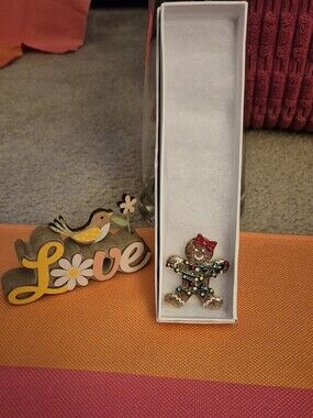 Betsey Johnson Jingle Bell Bling Gingerbread Girl Brooch/Pin Gold Tone Christmas